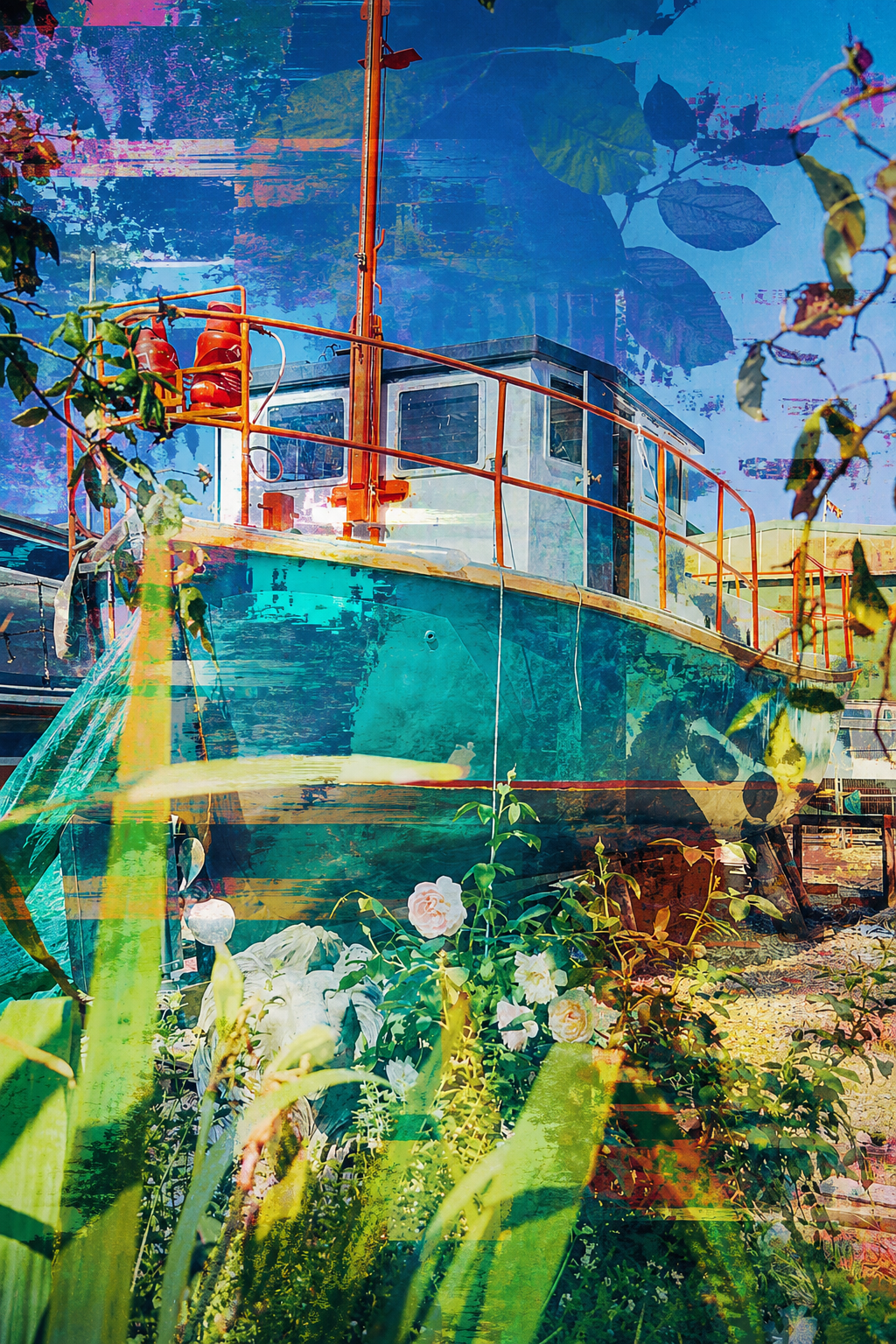 Boat On Dock Under Clear Sky Glitchy Boat In Vibrant Marina Garden