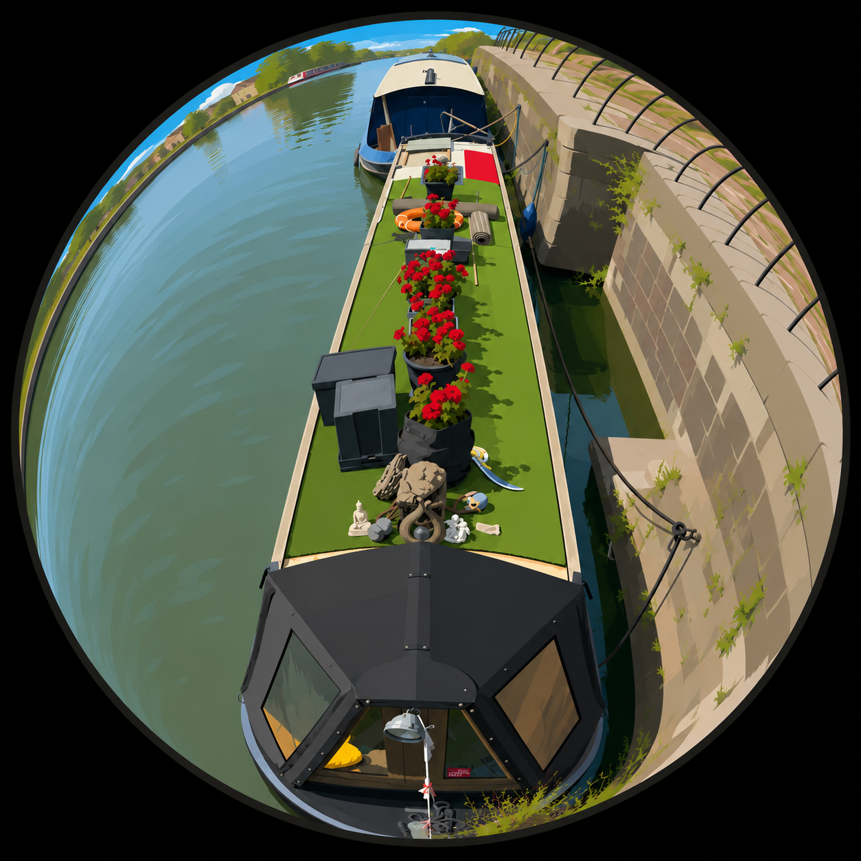 Canal Boat From Above Fisheye View