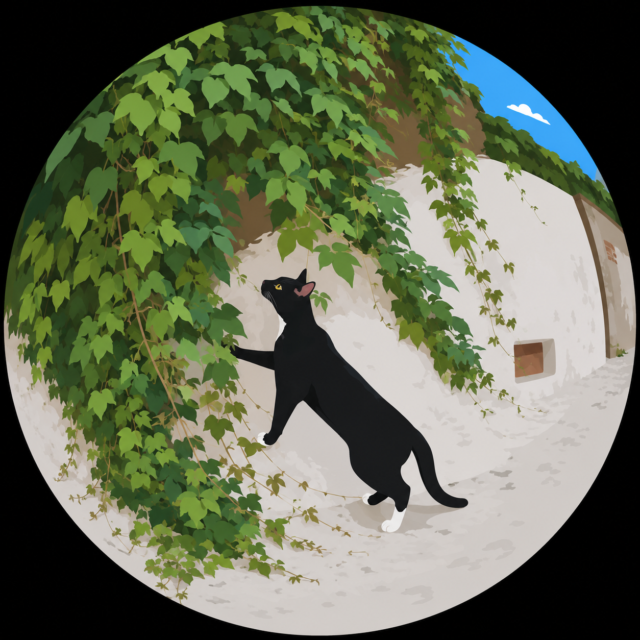 Cat Exploring Ivy In A Curved Alley