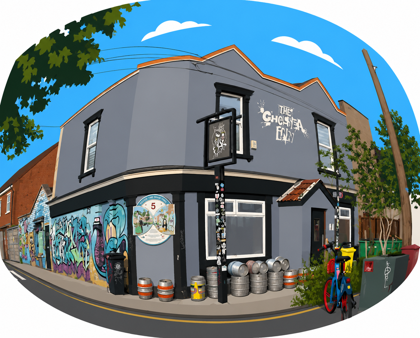 Curved Corner Pub With Graffiti Art