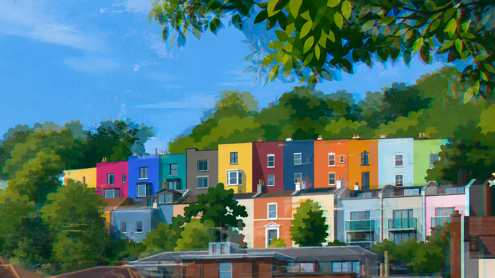 Glitched Hillside Homes With Vibrant Foliage