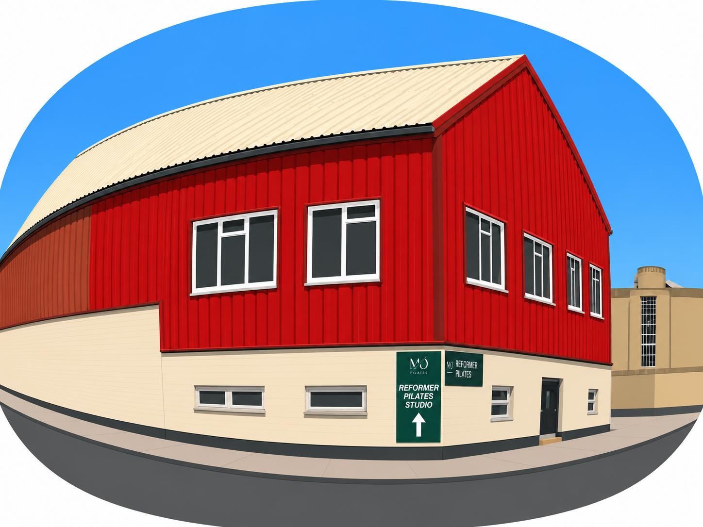 Industrial Building With Pilates Studio Sign