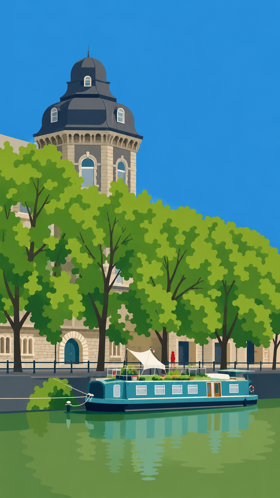 Riverside Cityscape With Historic Tower