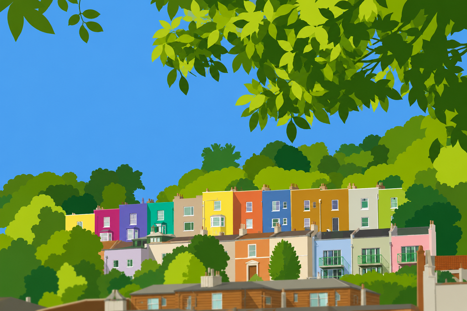 Sunny Hillside Neighbourhood With Colourful Houses