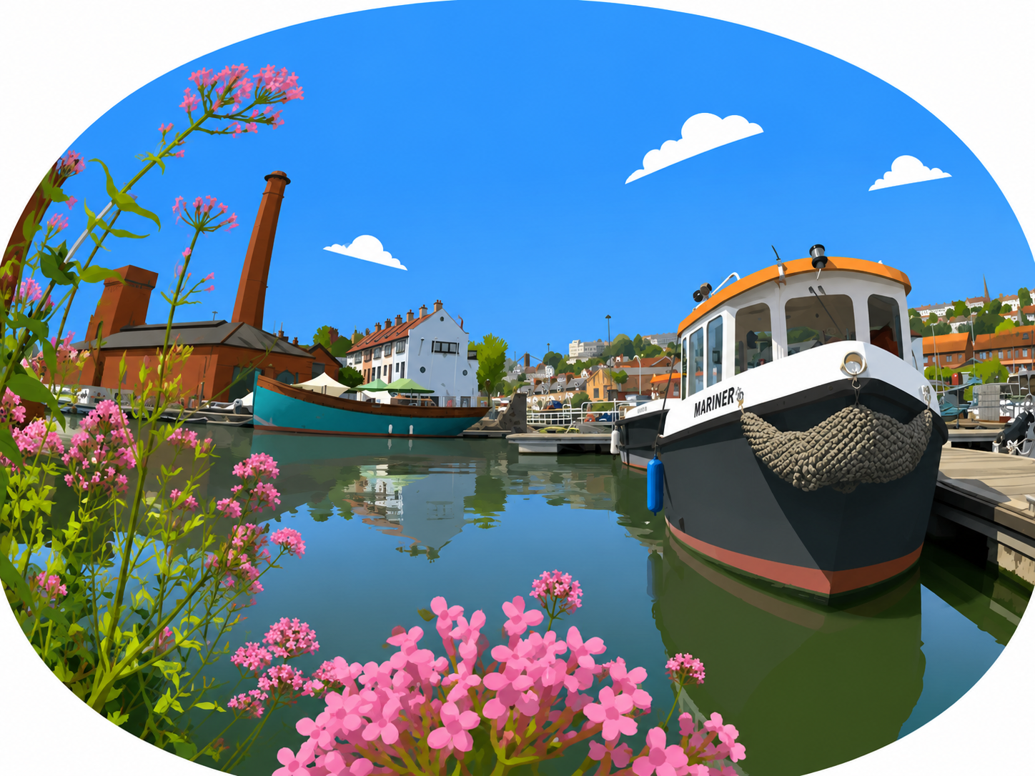 Sunny Marina With Floral Foreground