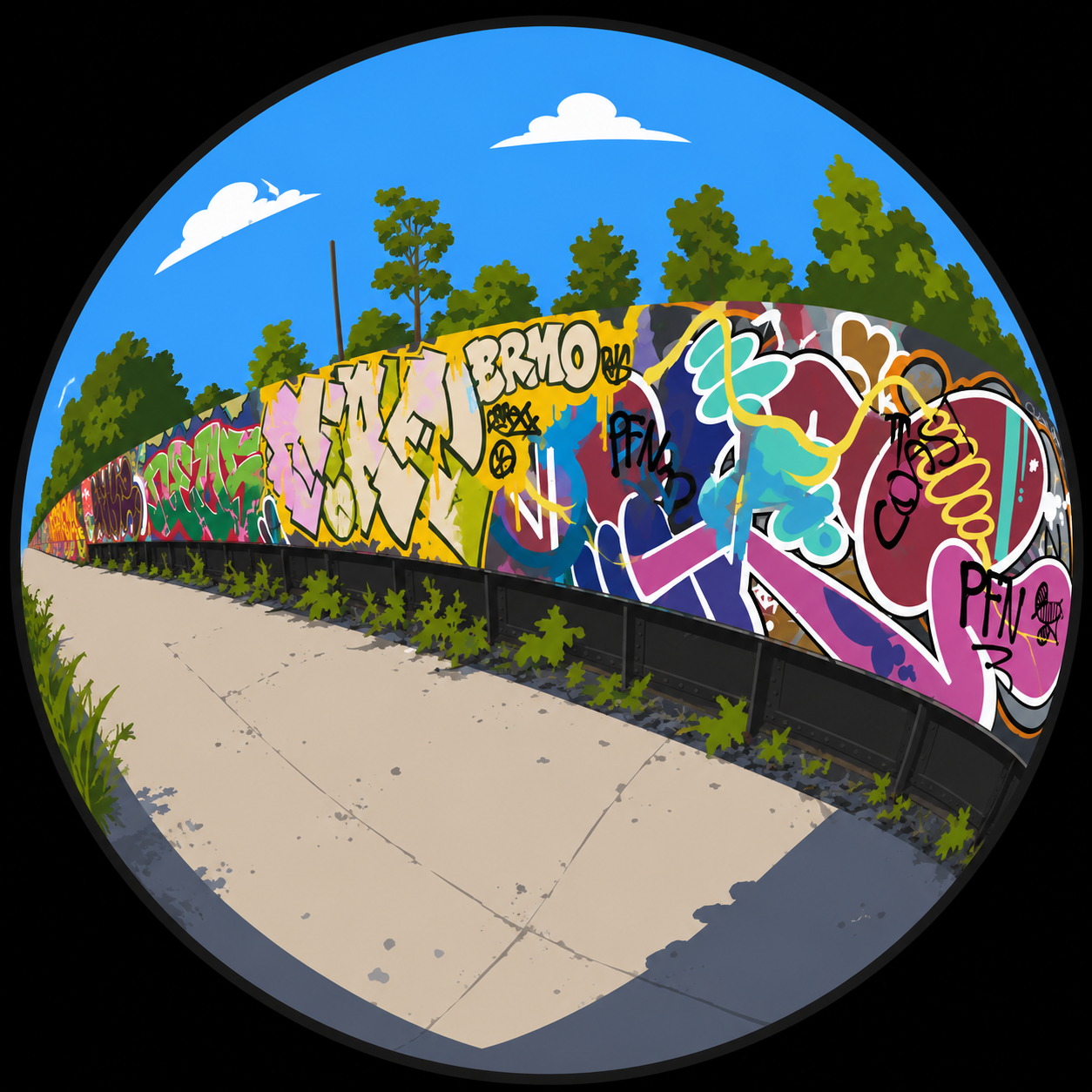 Urban Graffiti Scene With Lush Greenery